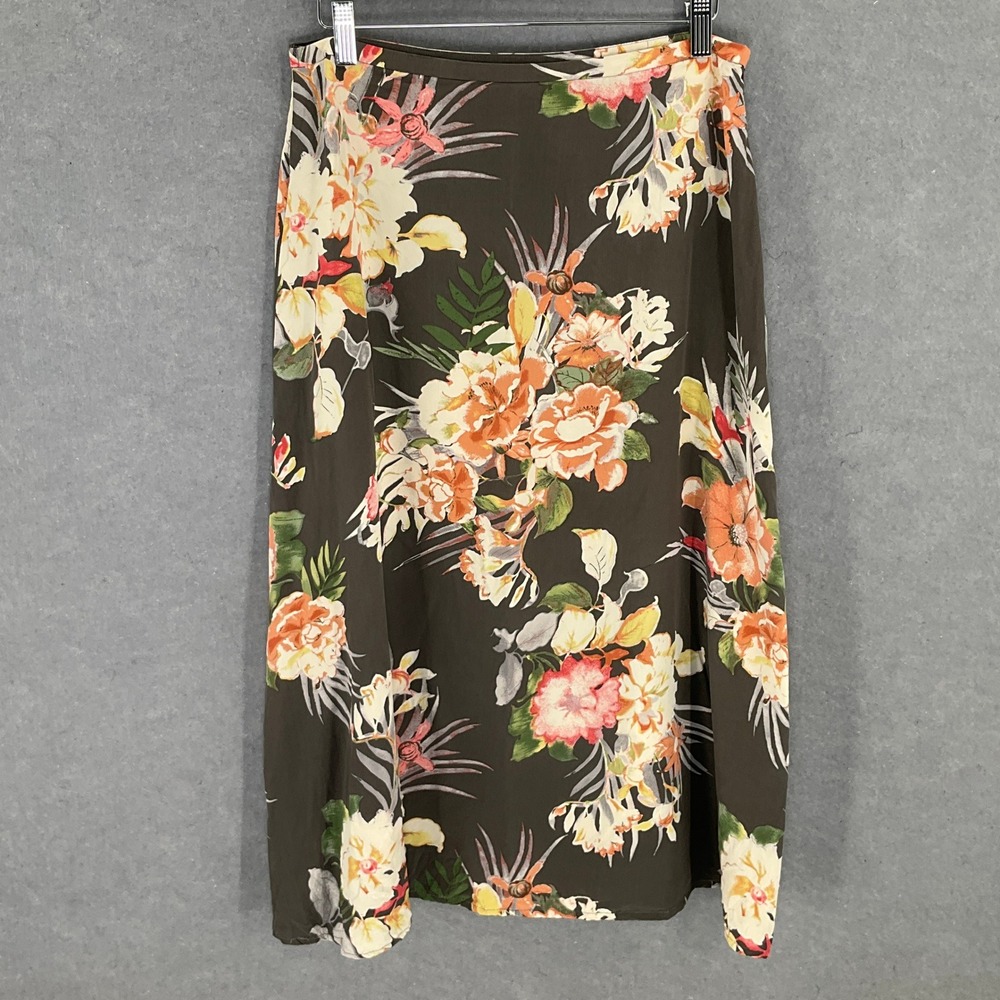 Kasper Floral 100% Silk Maxi Skirt Sz 10 Olive Green Peach Flowers Vtg Tropical